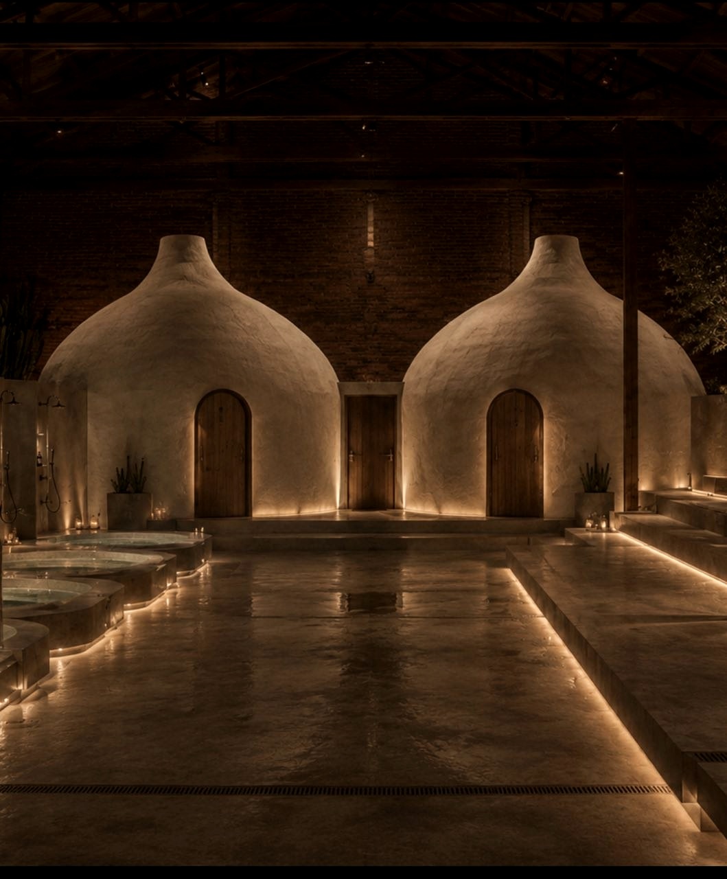 Two illuminated sculptural thermal domes set within water and surrounding architecture